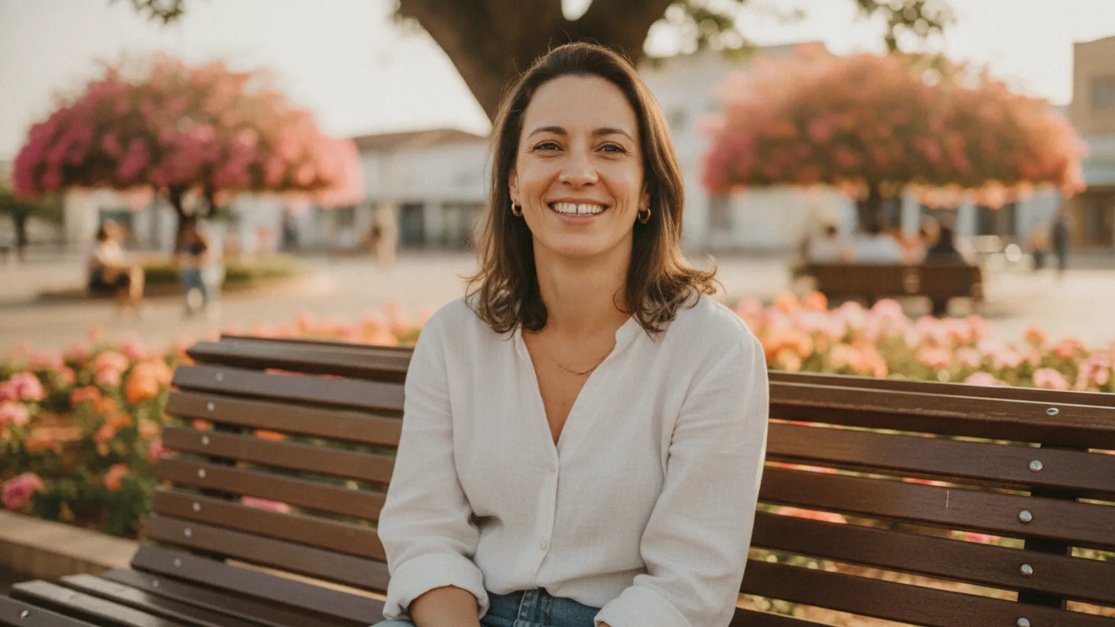 Uma mulher de uns 30 e poucos anos, com um diastema sutil, sorri confiantemente para a câmera em um ambiente externo ensolarado.